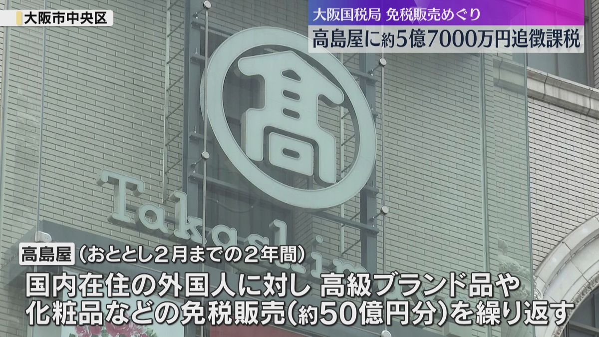 高島屋に約5億7000万円追徴課税　国内在住の外国人への「免税販売」を巡り　大阪国税局